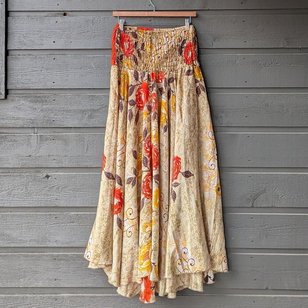 Boho Indian Drop Waist Super Wide Leg Pant Skirt Yellow Orange Tan Brown Floral